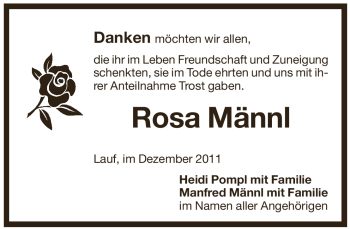 Traueranzeige von Rosa Männl von Pegnitz-Zeitung